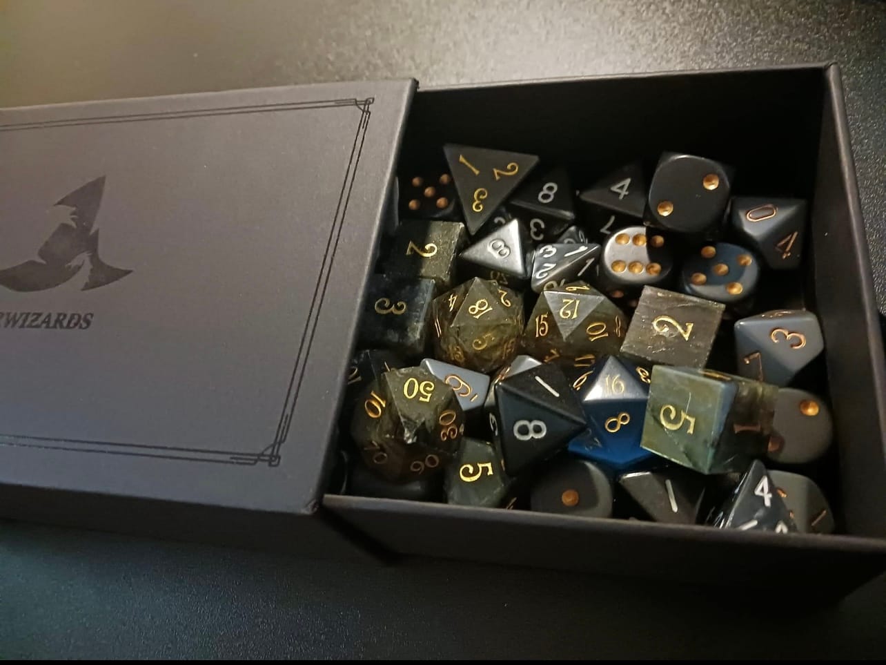 Customer photo review of URWizards D&D Labradorite Gemstone Engraved Dice Set