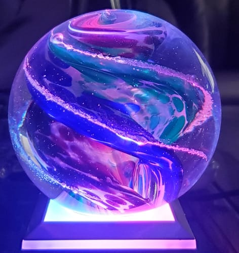 Customer photo review of Blue & Green Cat Eye Orb with Cremation Ashes