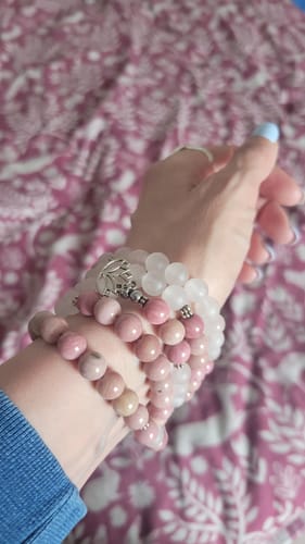 Customer photo review of 108 Natural Rhodonite & Rose Quartz Lotus Mala Beads