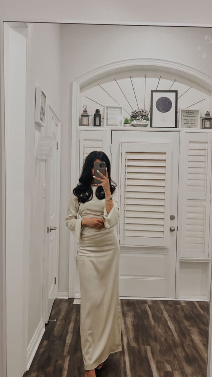 Customer photo review of Silky Beige Modest Evening Dress