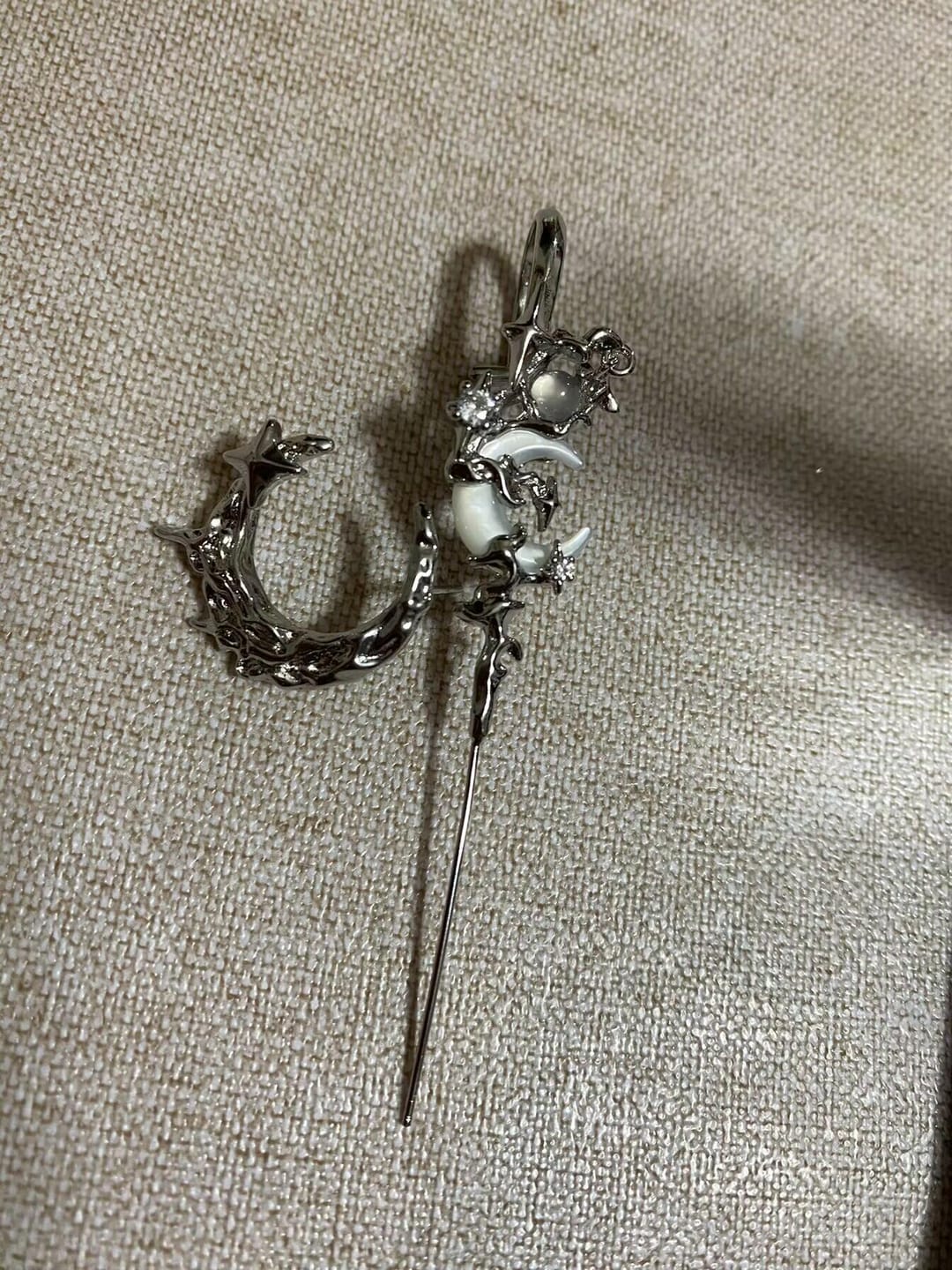 Customer photo review of "MYTH OF THE MOON" 925 Sterling Silver Statement Celestial Moon Dangle Needle Piercing Earring