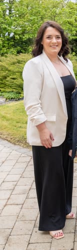 Customer photo review of Merrill Beige Gathered Sleeve Blazer
