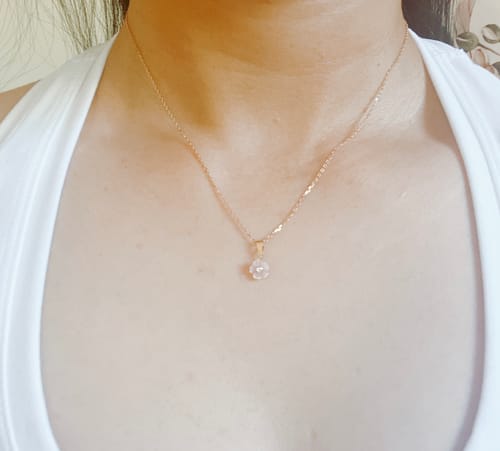 Customer photo review of Pink Mother of Pearl Flower Cubic Zirconia Pendant in 9ct Yellow Gold