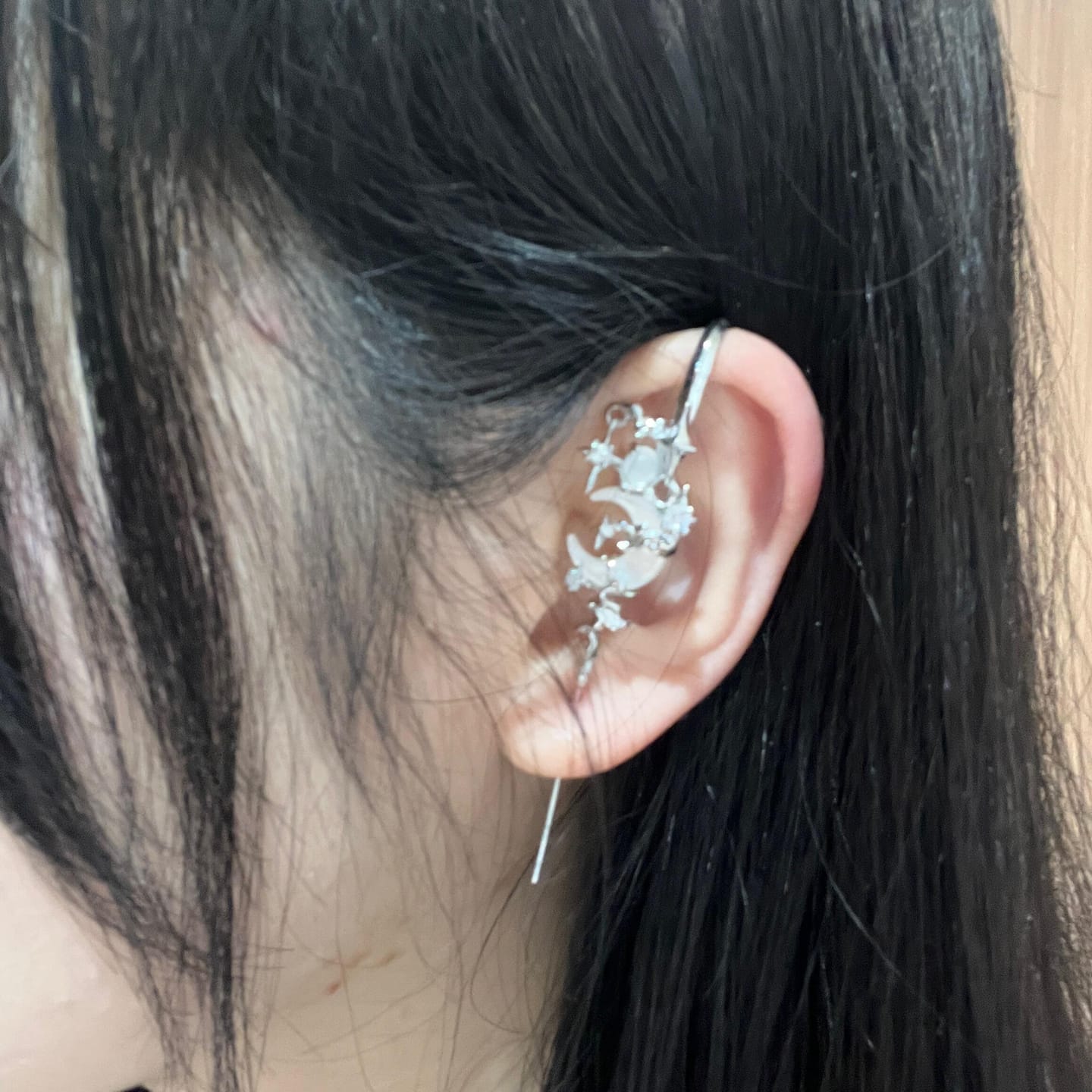 Customer photo review of "MYTH OF THE MOON" 925 Sterling Silver Statement Celestial Moon Dangle Needle Piercing Earring