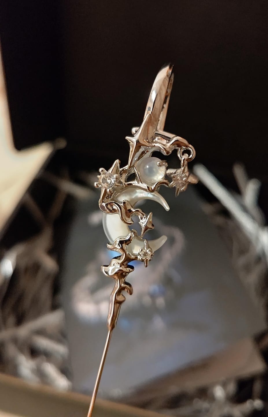 Customer photo review of "MYTH OF THE MOON" 925 Sterling Silver Statement Celestial Moon Dangle Needle Piercing Earring