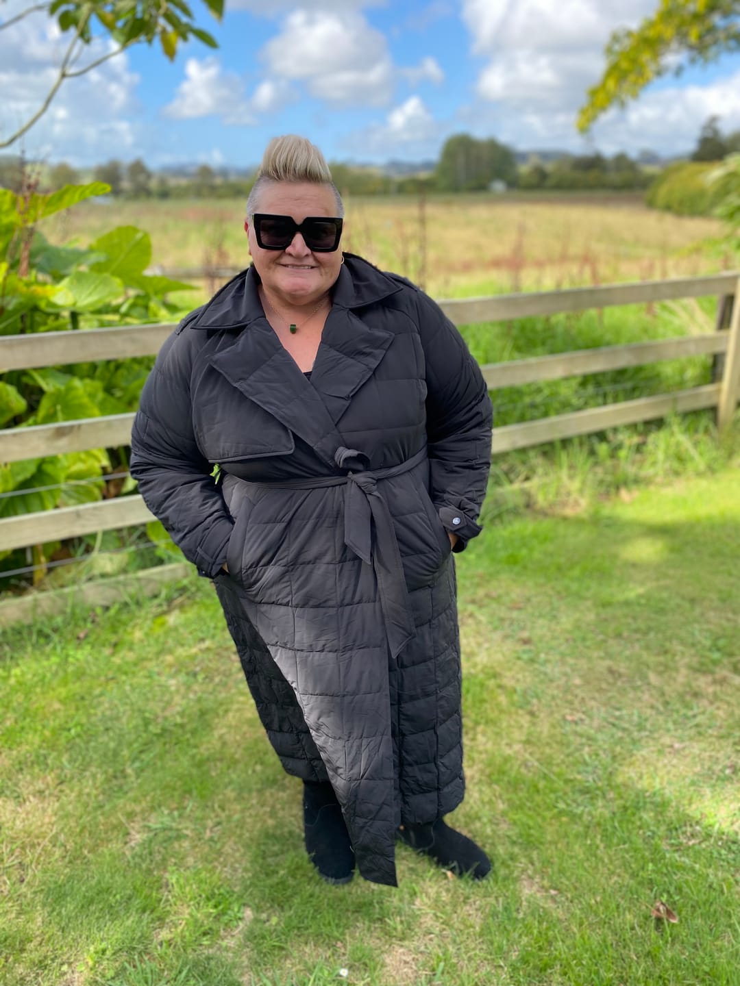 Customer photo review of Maisey Women's 90/10 Stretch Down Trench Coat - Black