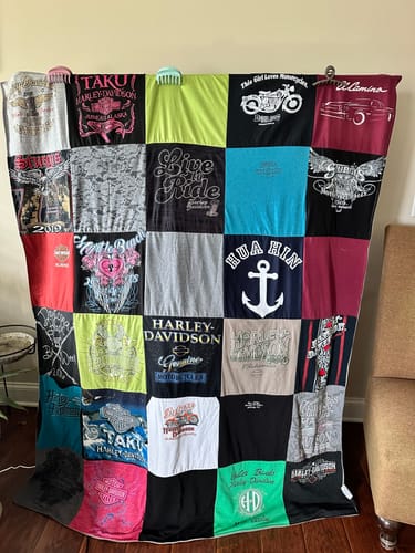T-shirt quilt with motorcycling, travel themes by carmen from NC