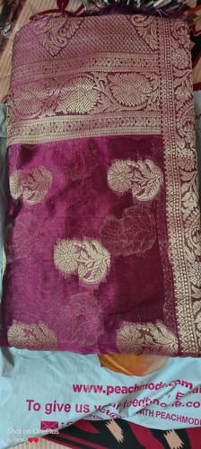 Customer photo review of Wine Floral Woven Organza Saree With Tassels