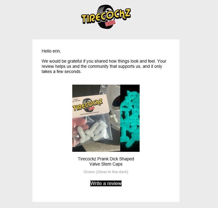 Customer photo review of Tirecockz Prank Dick Shaped Valve Stem Caps