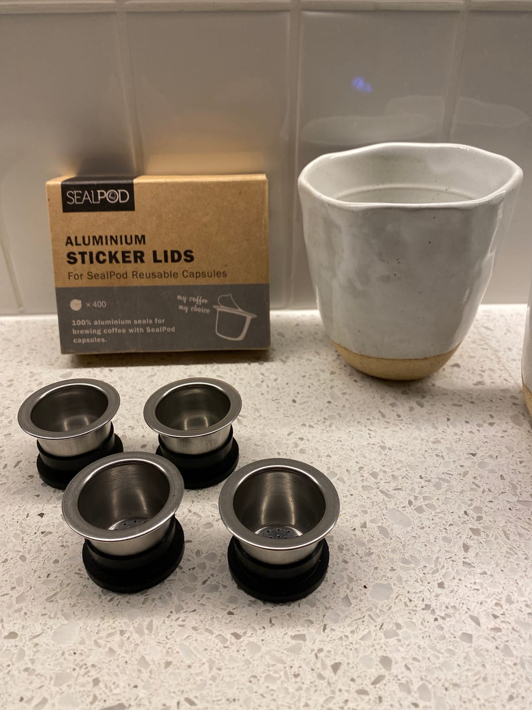 Customer photo review of SealPod Espresso Sticker Lids