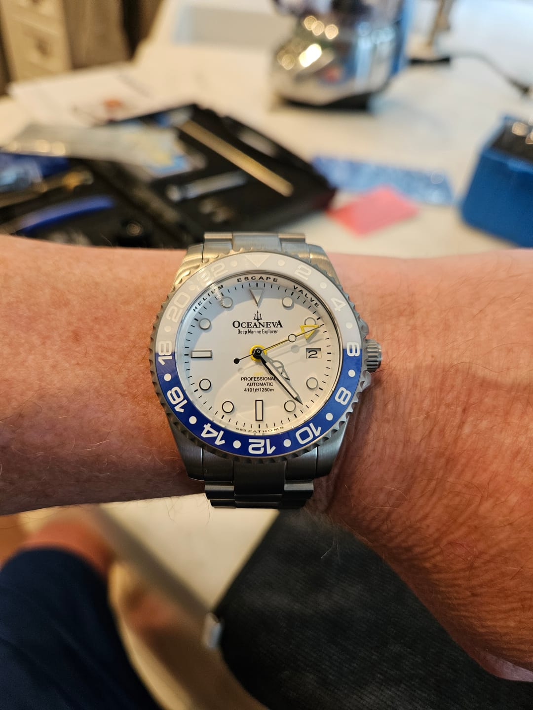 Customer photo review of Oceaneva™ Men's GMT TITANIUM Automatic Deep Marine Explorer 1250M White & Blue Ceramic Bezel Watch