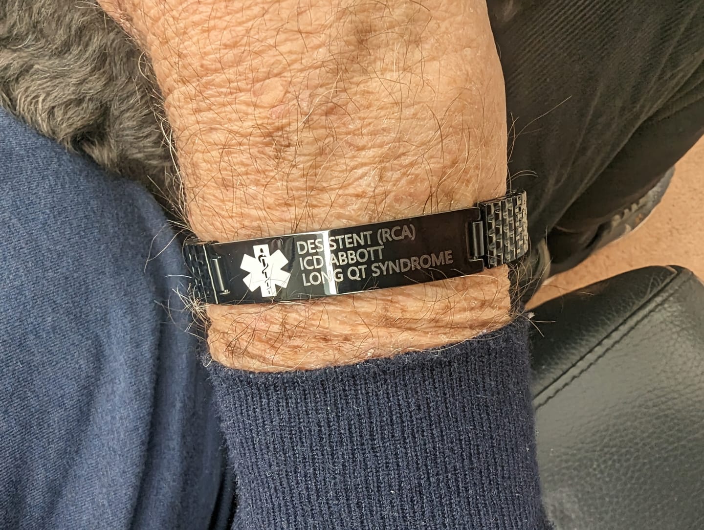 Customer photo review of Black Plated Stainless Steel Medical Alert ID Stretchable Bracelet