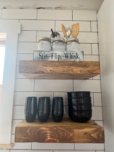 Customer photo review of Distressed 3" Thick Floating Shelves