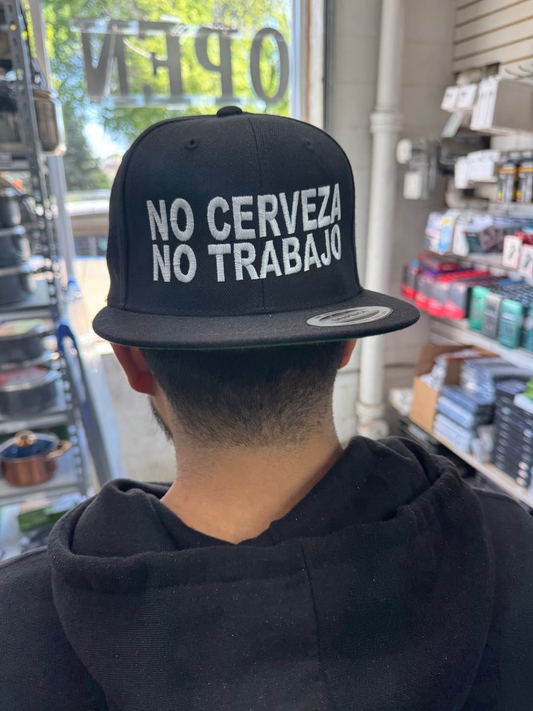 Customer photo review of No Cerveza No Trabajo Snapback Hat