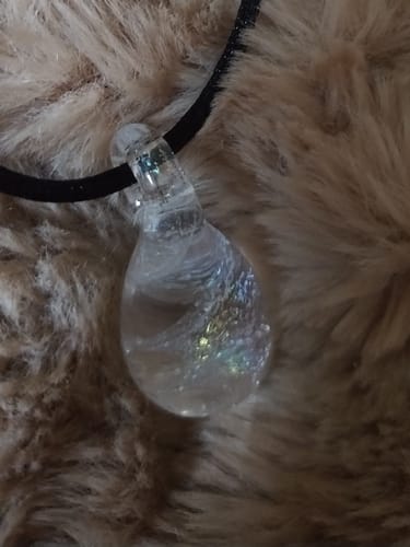 Customer photo review of Clear Dichroic Drop Pendant with Infused Cremation Ash