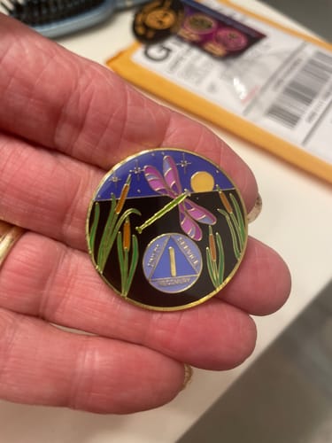 Customer photo review of 1 to 60 Year Dragonfly 9th Step Specialty AA Recovery Medallion - Tri-Plated Chip/Coin