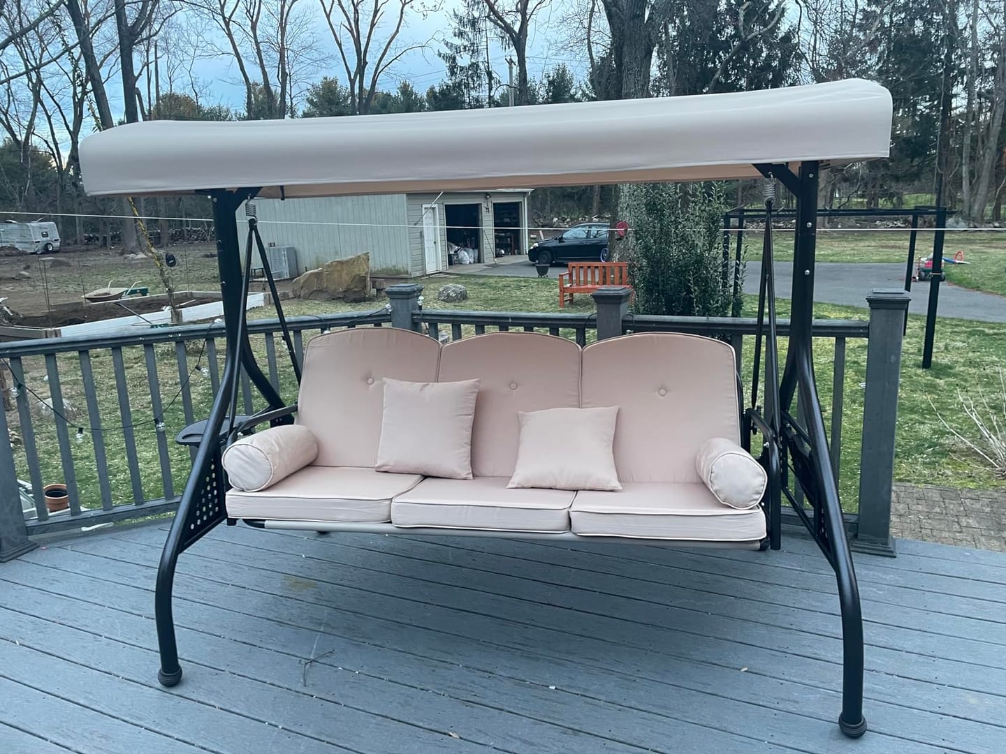 Customer photo review of 3-Seat Outdoor Porch Swing with Adjustable Canopy and Backrest, Khaki