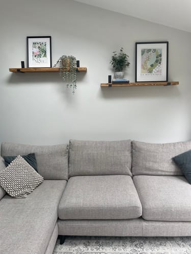 Customer photo review of Narrow Rustic Wooden Shelves with Metal Wall Brackets | 15cm Depth