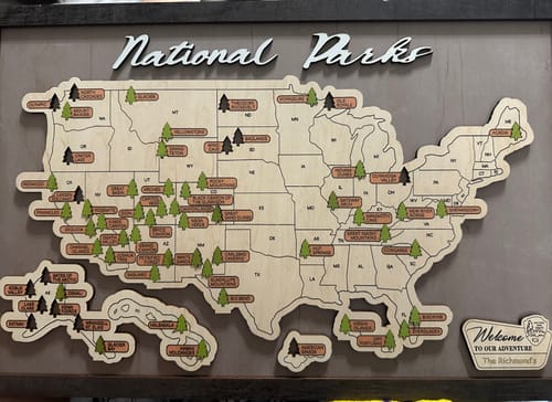 Customer photo review of US Wooden National Parks Travel Map With Trees To Record Park Visits (Light Grey)