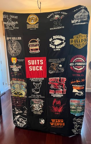 T-shirt quilt with tattoos, biker culture themes by Lynette from CA