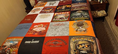 T-shirt quilt with motorcycling, travelling themes by Elizabeth from IL
