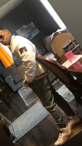 Customer photo review of Custom White Powder Blue-Black Gradient Fashion Letterman Bomber Varsity Jacket