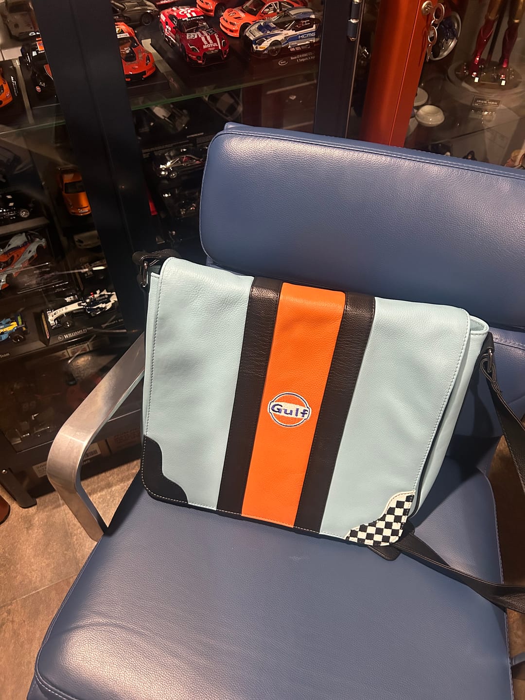 Customer photo review of Gulf Leather Silverstone Messenger Bag in Gulf Blue