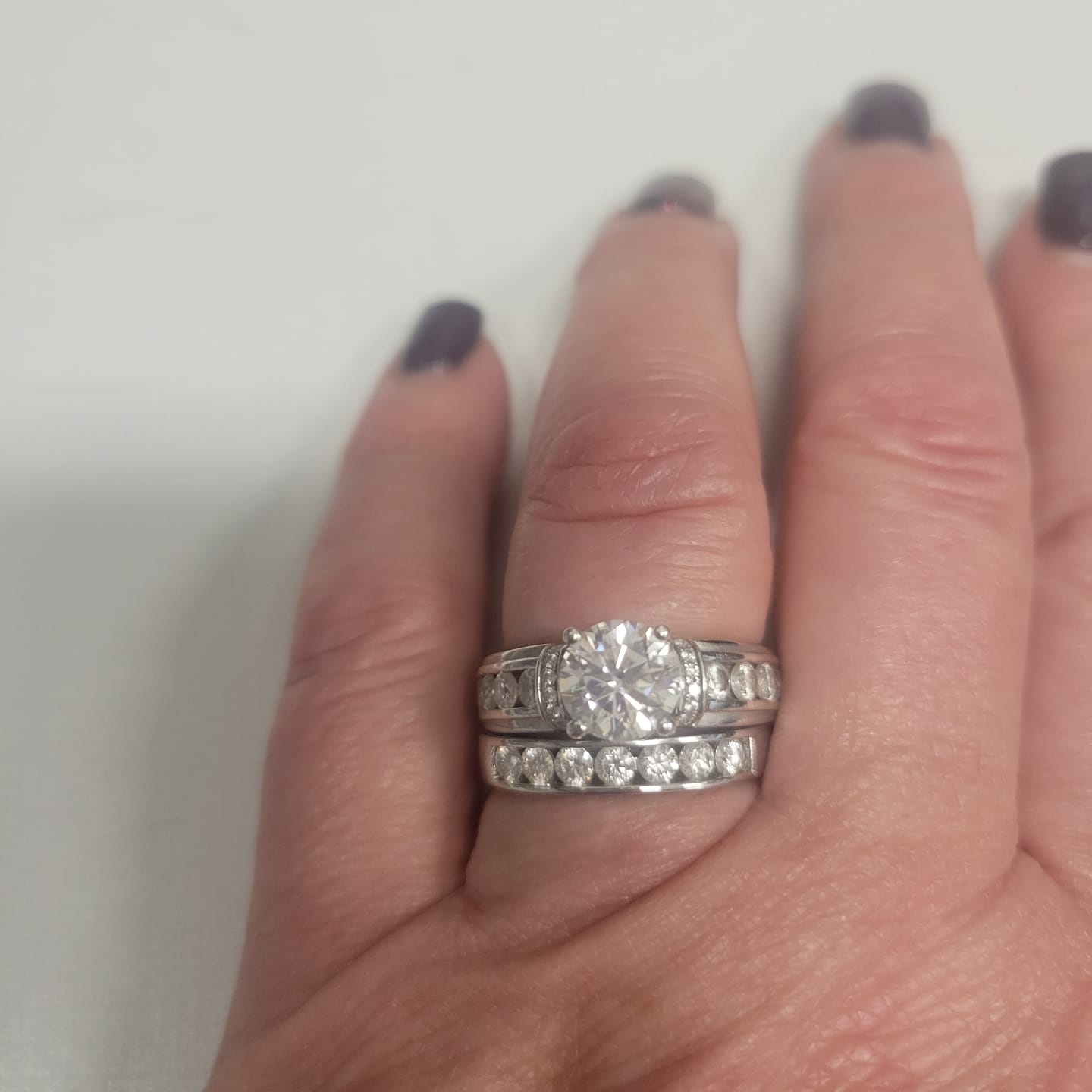 Customer photo review of Vintage Moissanite Sterling Silver Wedding Band Stackable Ring