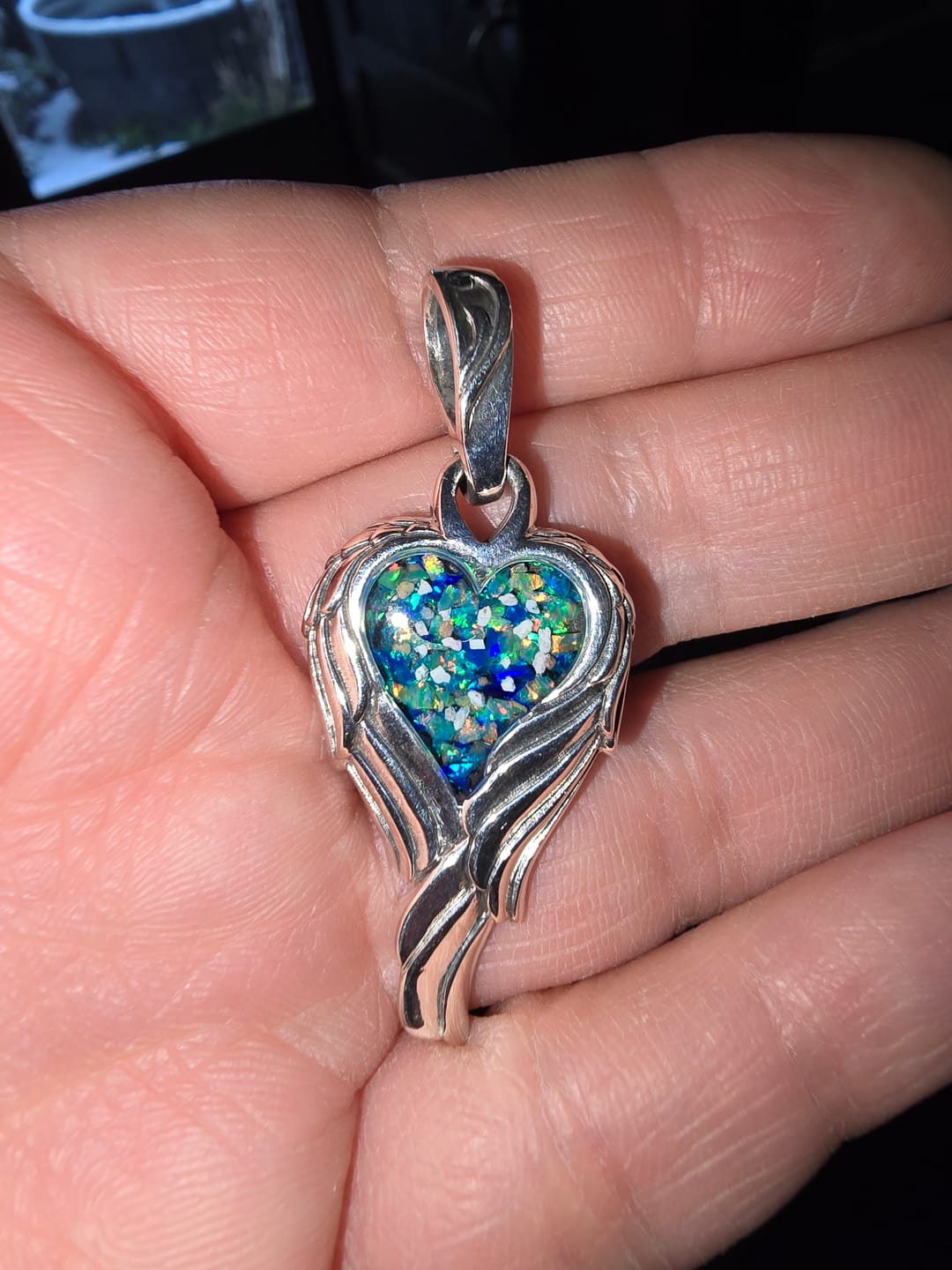 Customer photo review of Angel Wing Heart Pendant  - Engravable