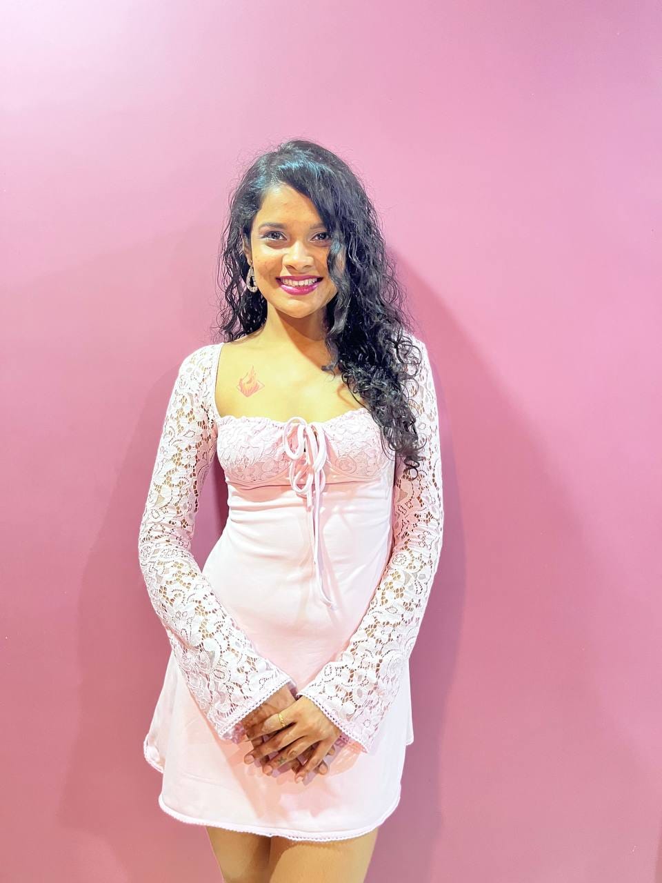 Customer photo review of FIONA LACE MINI DRESS IN BABY PINK