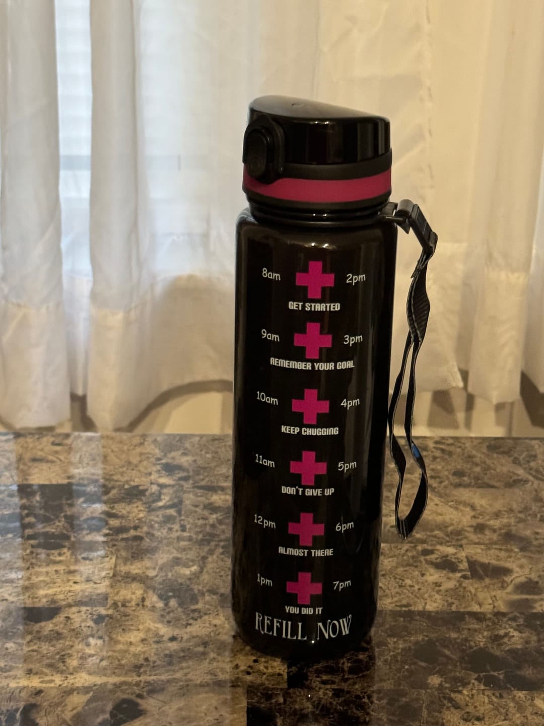Customer photo review of Black with Fuchsia Band Flip Top Lid for 32oz Tritan Water Bottles