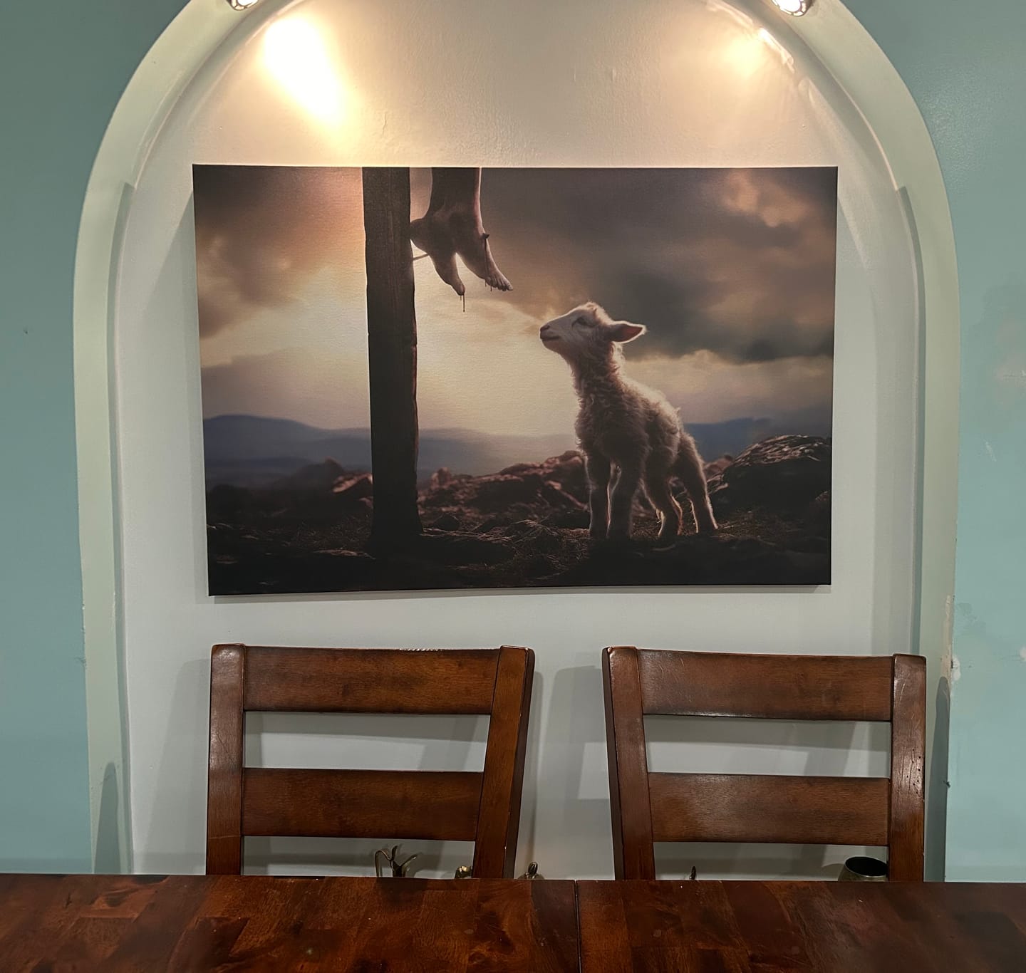 Customer photo review of Lamb Looking Up at Feet of Jesus Wall Art Canvas