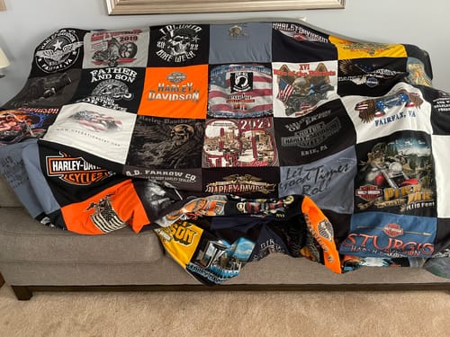 T-shirt quilt with motorcycles, biker culture themes by Coletta from OH