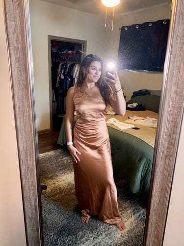 Customer photo review of One Shoulder Satin Ruched Bridesmaid Dress - Burnt Peach