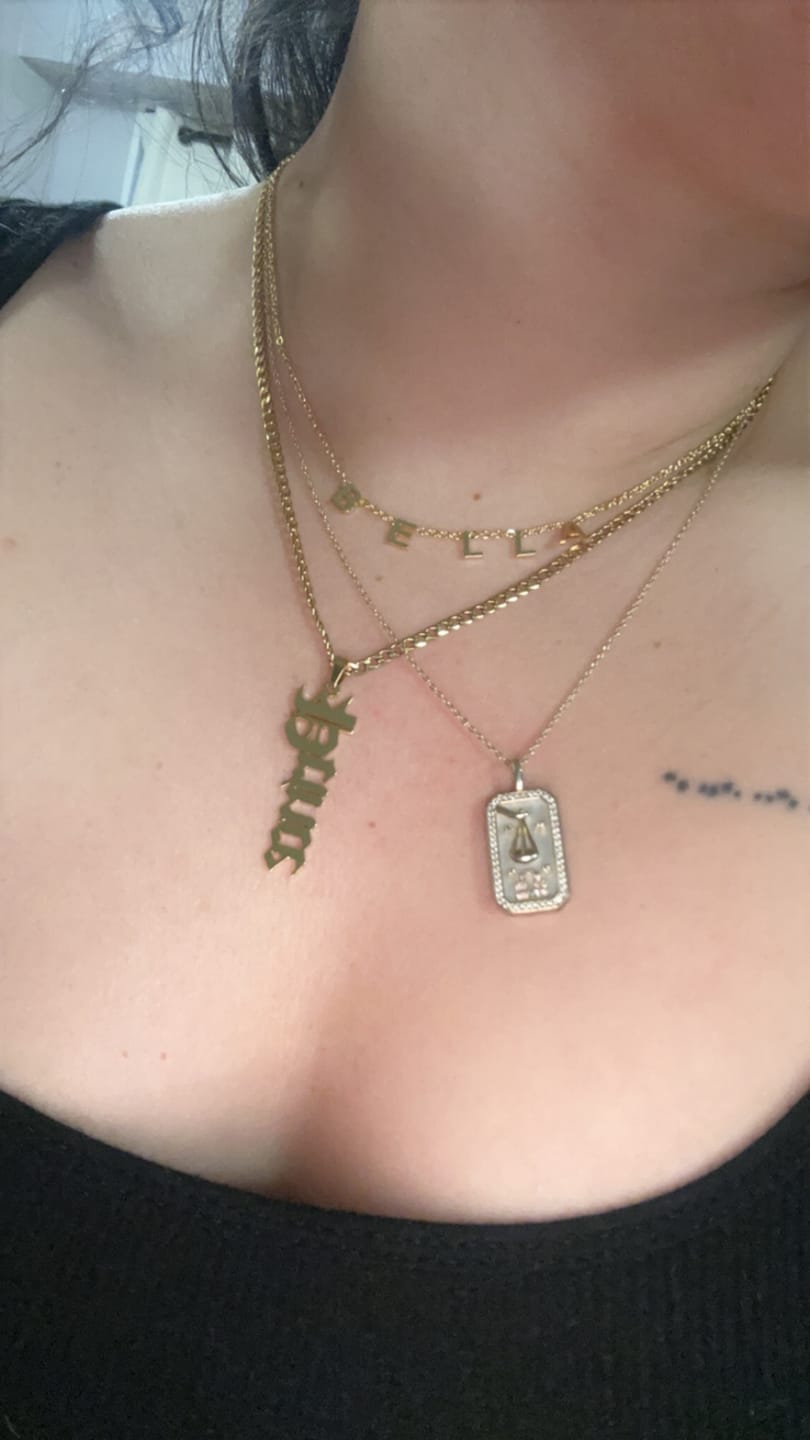 Customer photo review of Vertical Gothic Name Necklace w/ Cuban Chain
