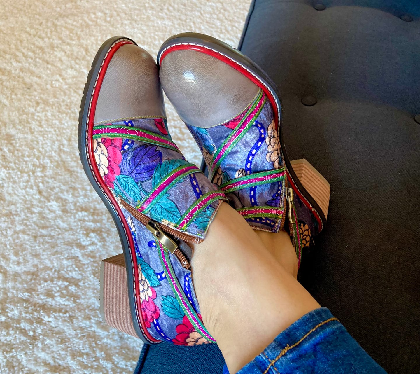 Customer photo review of Hand Painted Leather&Velvet Panels Flat Boots