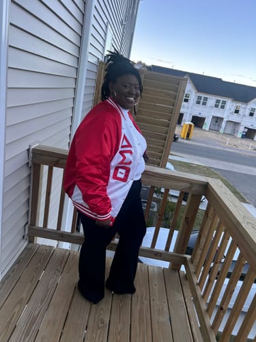 Customer photo review of Delta Sigma Theta Color Block Satin Greek Letter Jacket