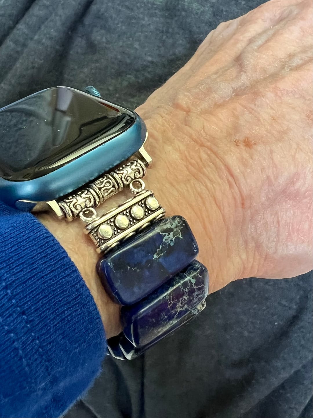 Customer photo review of Dark Navy Tibetan Jasper Stretch Apple Watch Strap