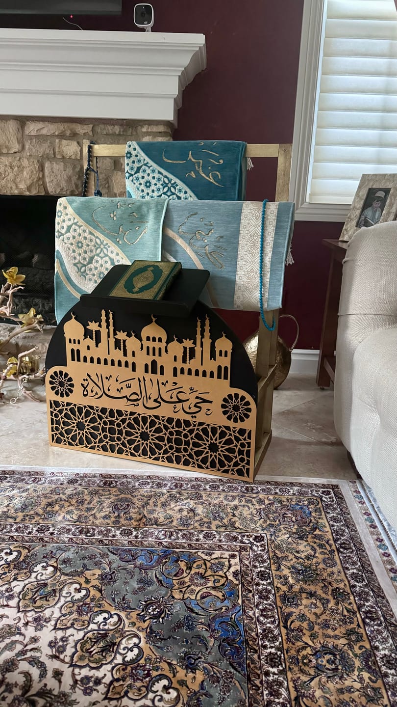 Customer photo review of Prayer Rug Holder - Wooden Prayer Mat Stand and Storage Ideas