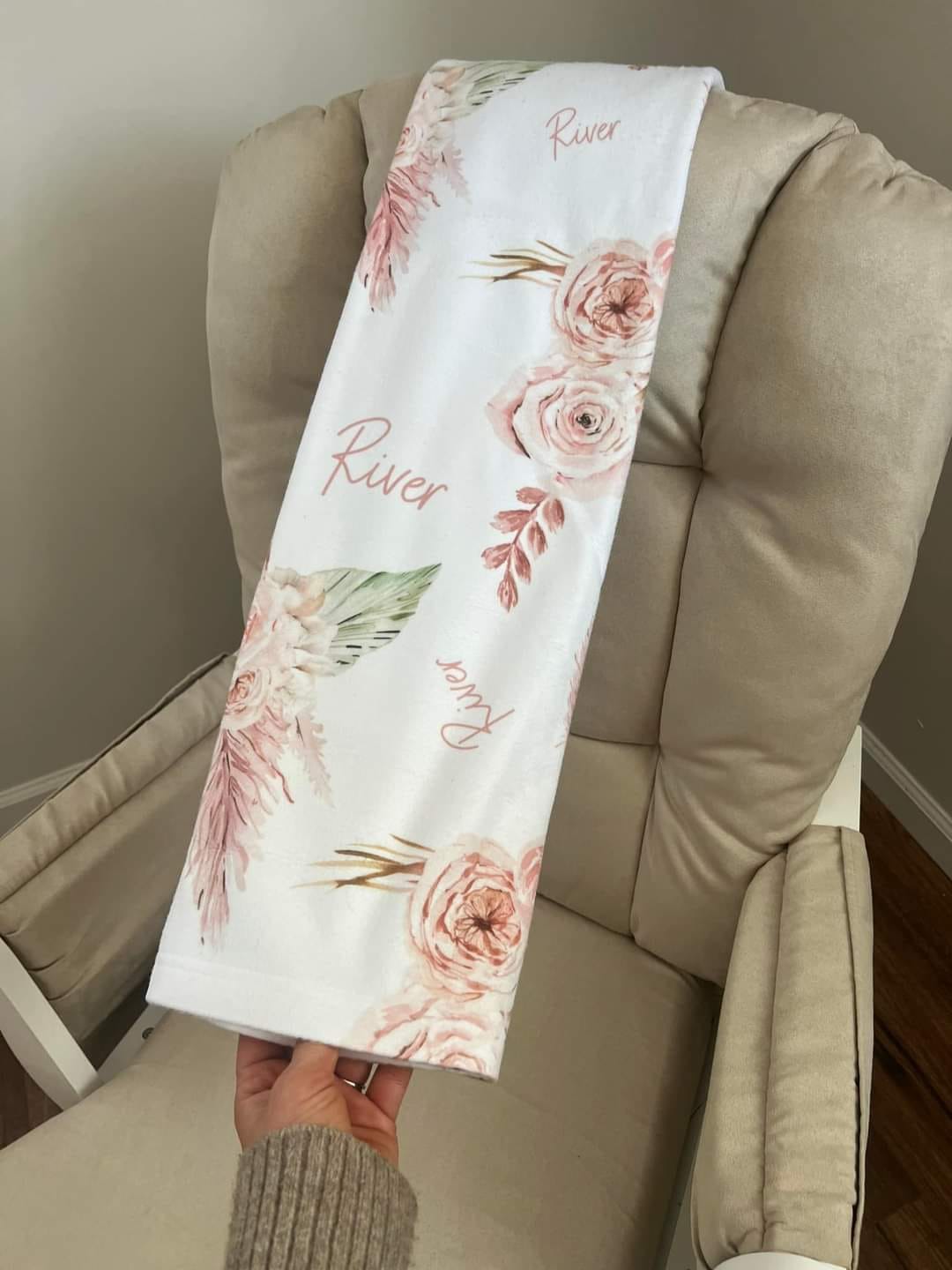 Customer photo review of Boho pink and brown floral personalized baby girl blanket