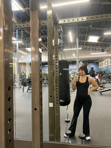 Customer photo review of Elodie V-Back Flared Jumpsuit