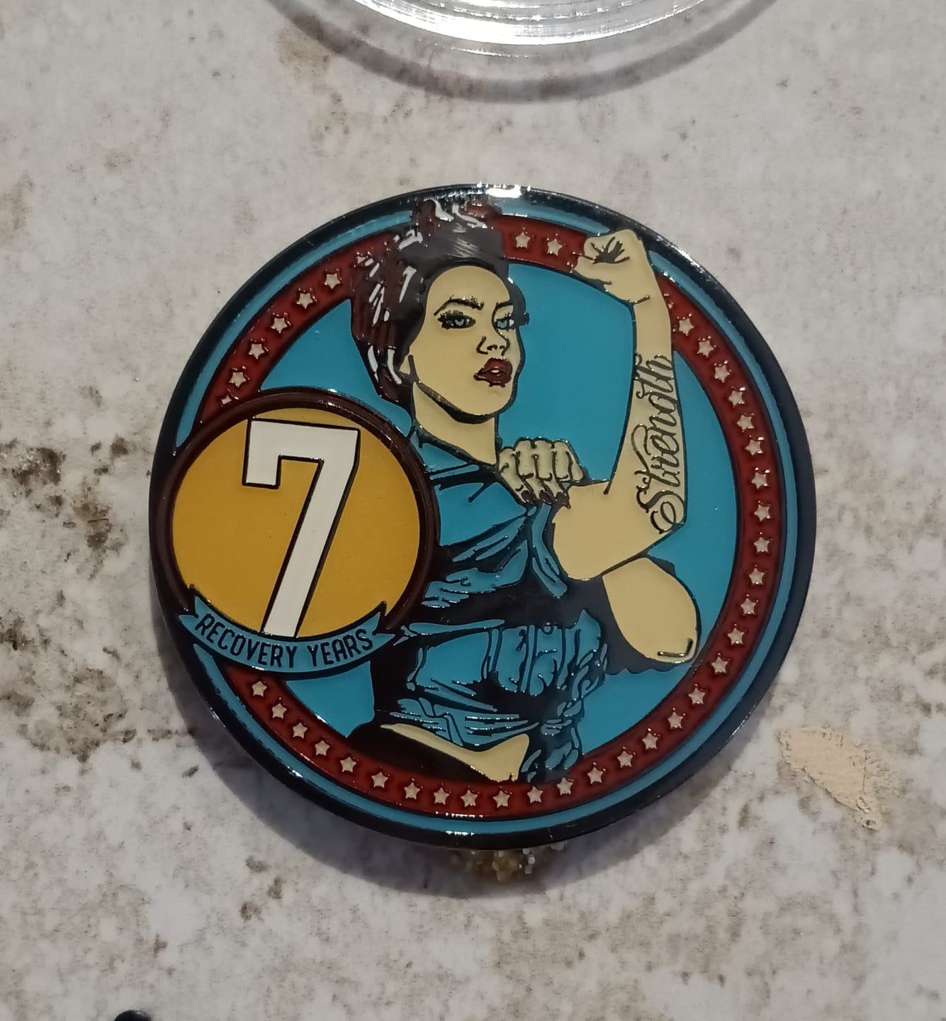Customer photo review of Rosie Recovery Strength 7 Year AA/NA Medallion - Tri-Plate Seven Year Chip/Coin