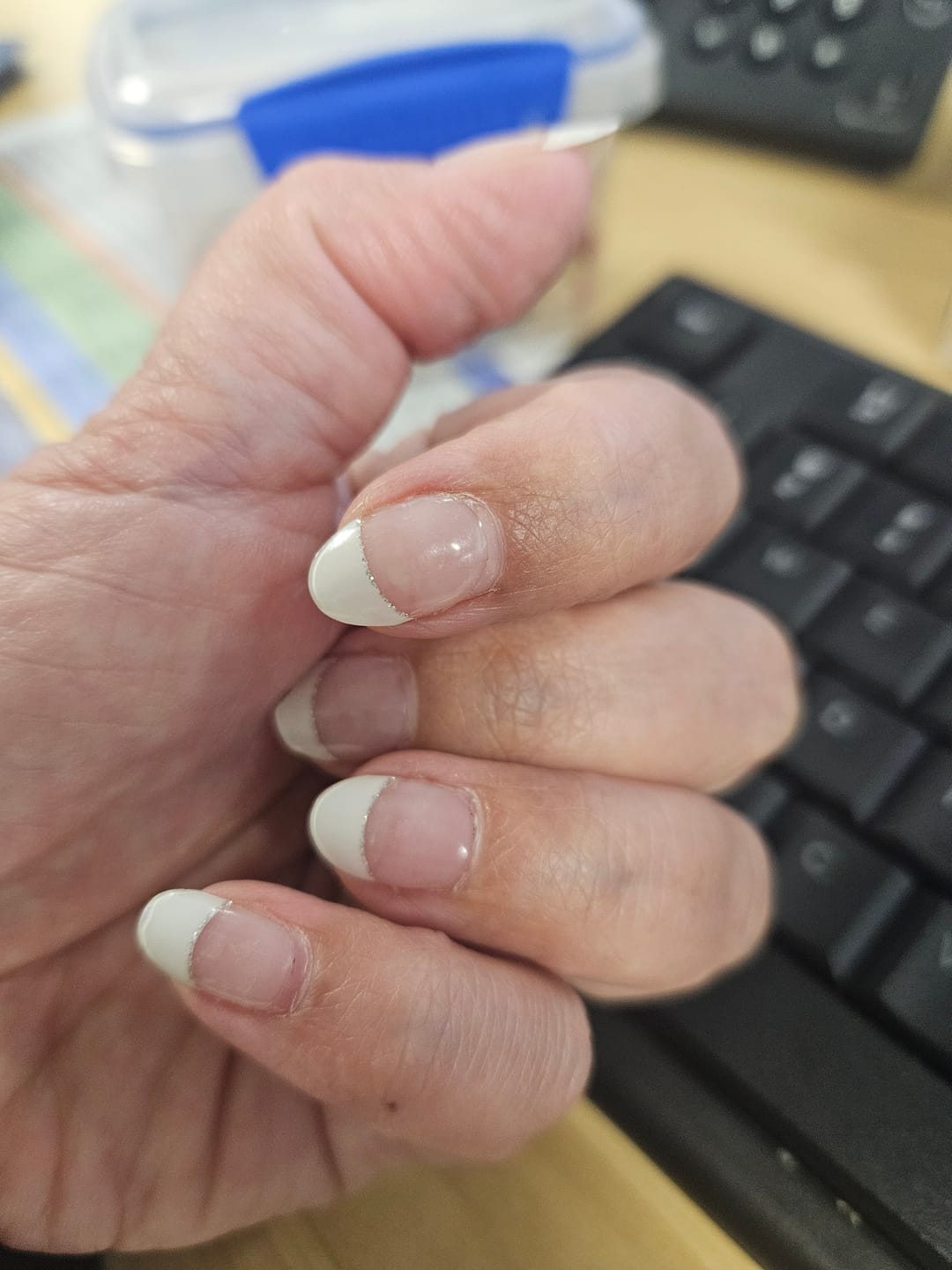 Customer photo review of White French Tip Glitter DIY Semicured Gel Nail Sticker Kit