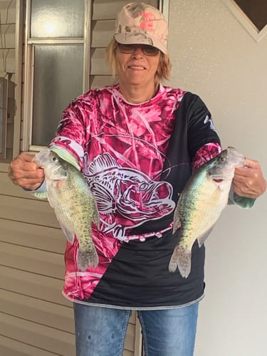 Customer photo review of Crappie Fishing Tattoo Pink Camo Black Custom Name 3D Shirts