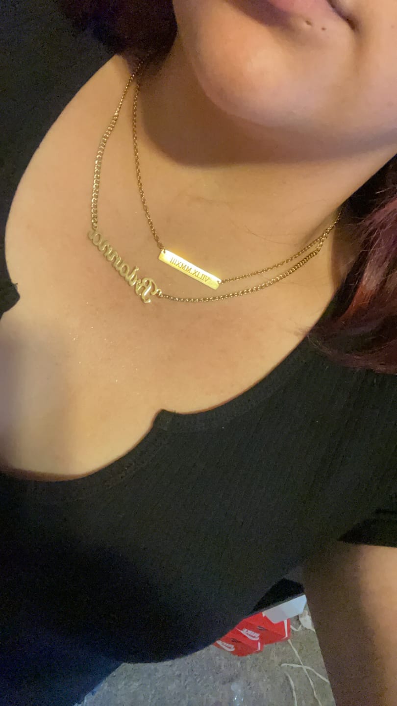Customer photo review of Engraved Bar Necklace