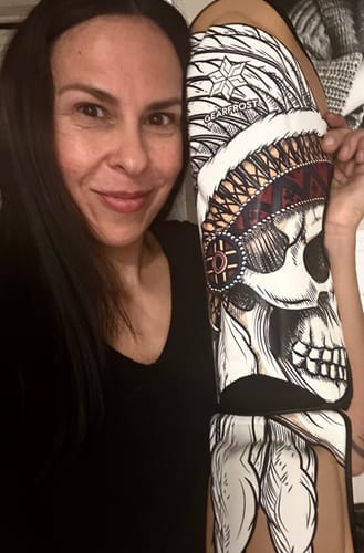 Customer photo review of Native American Indian Skull Print Muay Thai Shin Guards