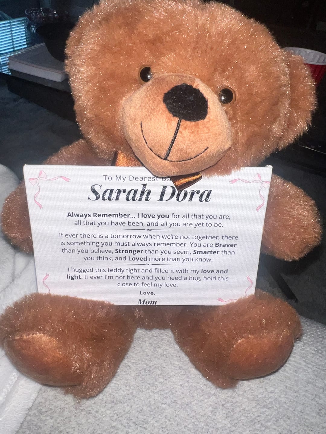Customer photo review of Daughter, Always Remember - Teddy Bear with Personalized Canvas Message Card (D12-P)
