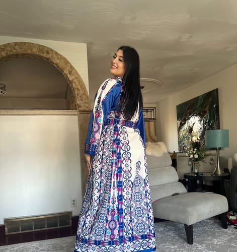 Customer photo review of White/Blue Maleka A Cut Full Embroidered Thobe With Reversible Blue Satin Belt