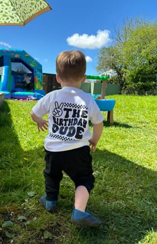Customer photo review of Birthday Dude Front & Back Graphic Kids Tee
