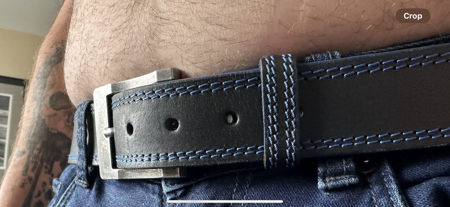 Customer photo review of The Poseidon Belt - Black Full Grain Leather Belt with Blue Stitches